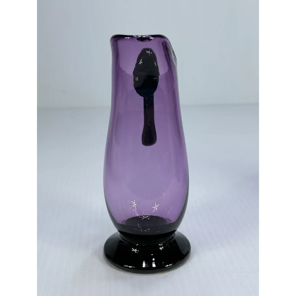 Vintage Purpla Amethyst Art Glass Footed Pitcher Vase Applied Handle Signed 6.5